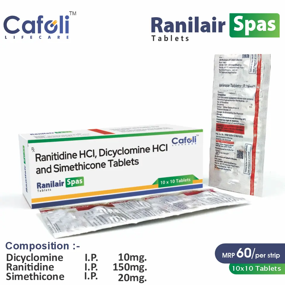 Dicyclomine (10mg) + Ranitidine (150mg) + Simethicone (20mg) Ranilair Spas Tablet at best price in PCD Pharma Franchise for gastrointestinal disorders.